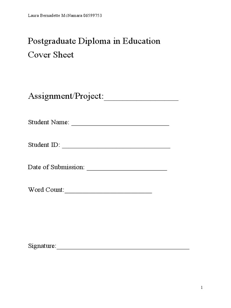 Postgraduate Diploma in Education Cover Sheet Student Name PDF