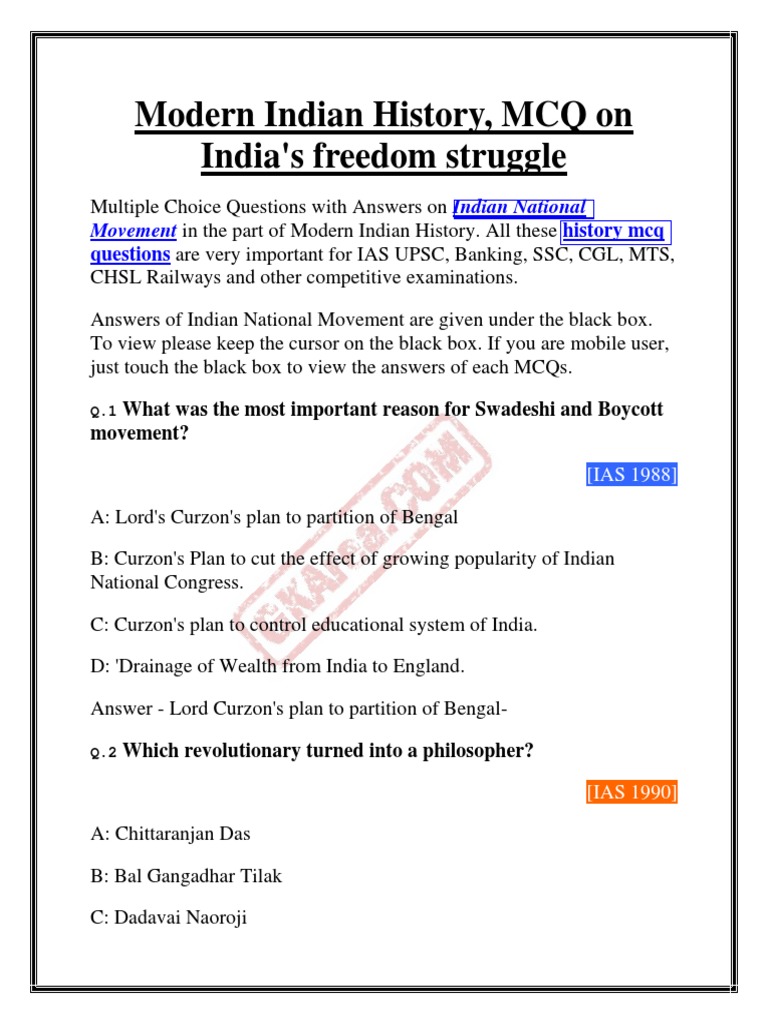 MCQs on Modern Indian History | PDF | Indian Independence Movement ...