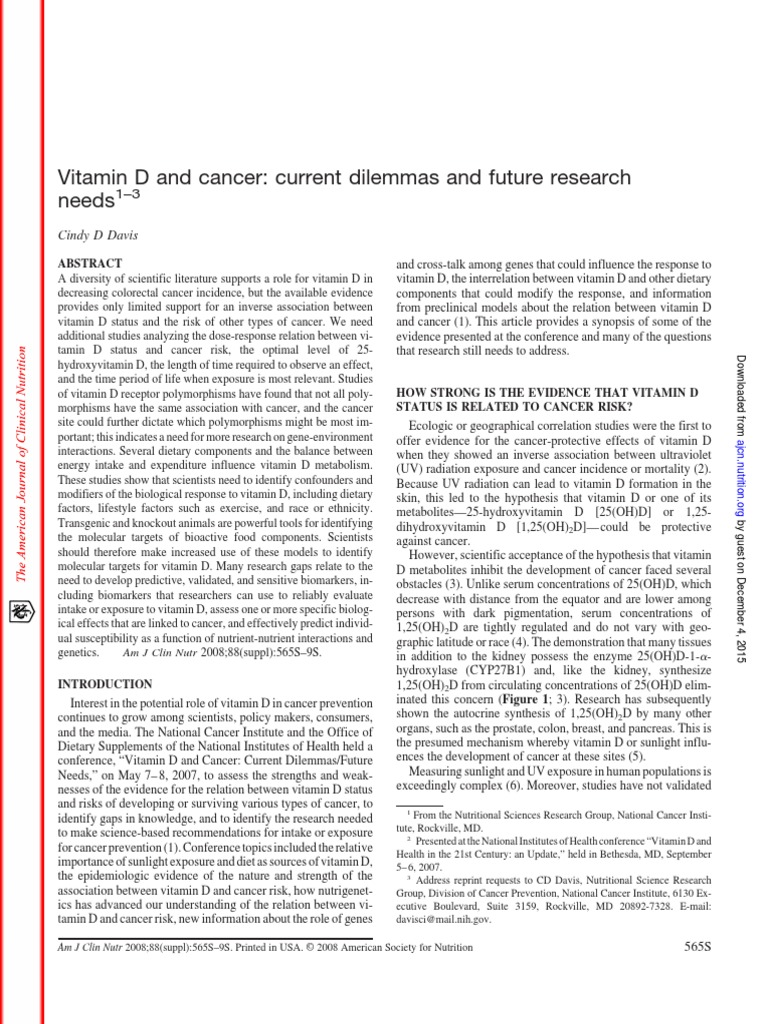 Vitamin D and Cancer Current Dilemmas and Future Research Needs PDF