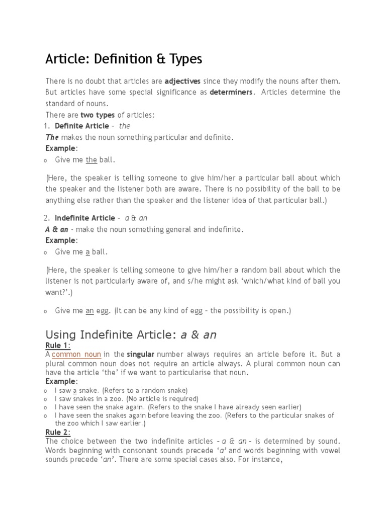 Article Definition & Types Using Indefinite Article A & An PDF Noun Plural