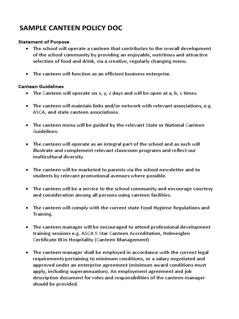 Canteen Resource Manual 3.4 Sample Canteen Policy PDF Cafeteria