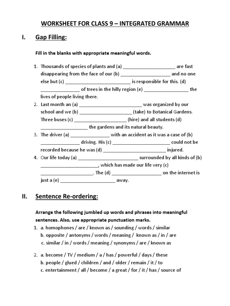 English Grammar Worksheets For Class 9 Cbse Pdf