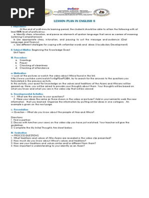 LESSON PLAN IN ENGLISH FOR GRADE 8 FIRST QUARTER