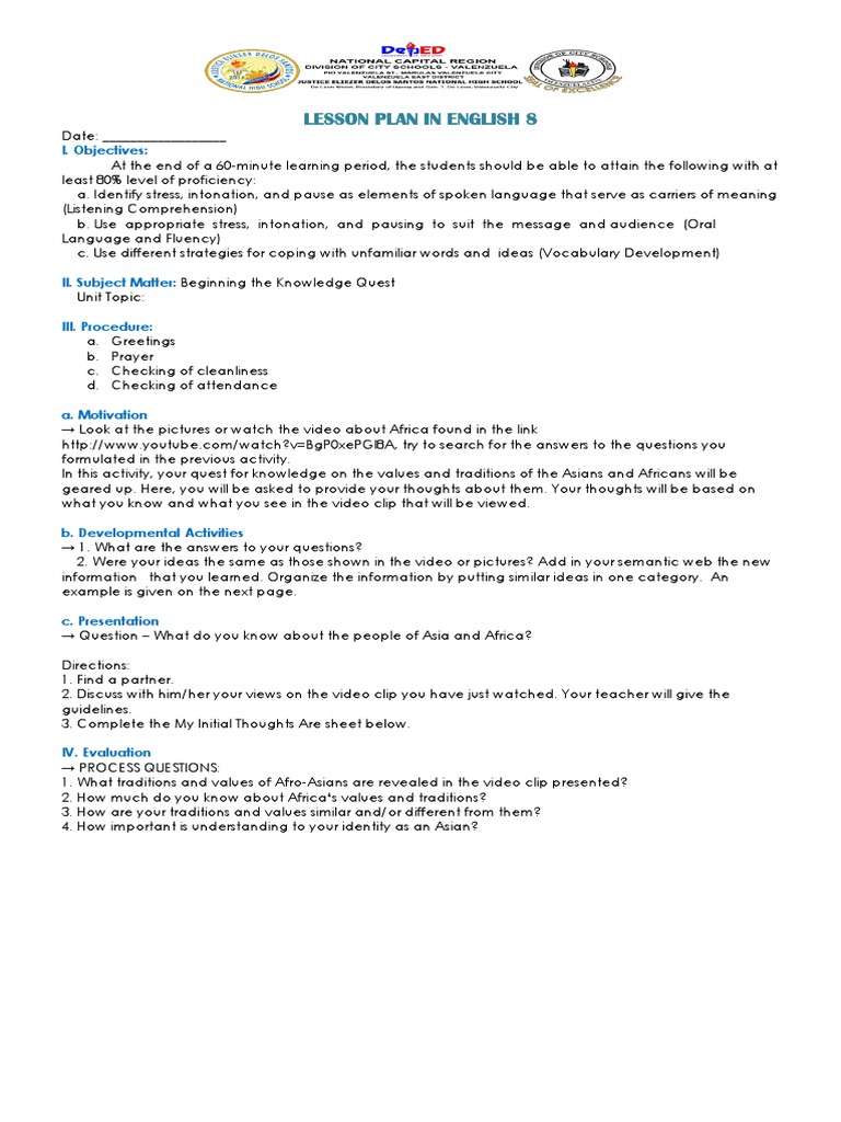 LESSON PLAN IN ENGLISH FOR GRADE 8 FIRST QUARTER Reading 