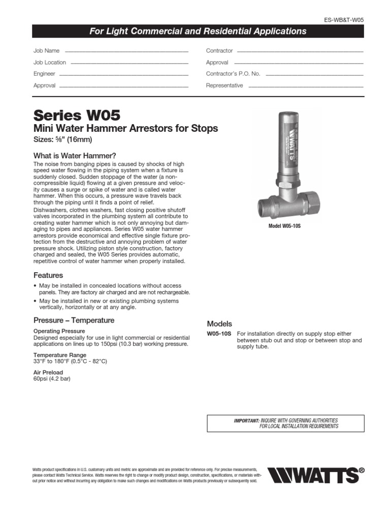 Series W05 Mini Water Hammer Arrestors for Stops Specification Sheet