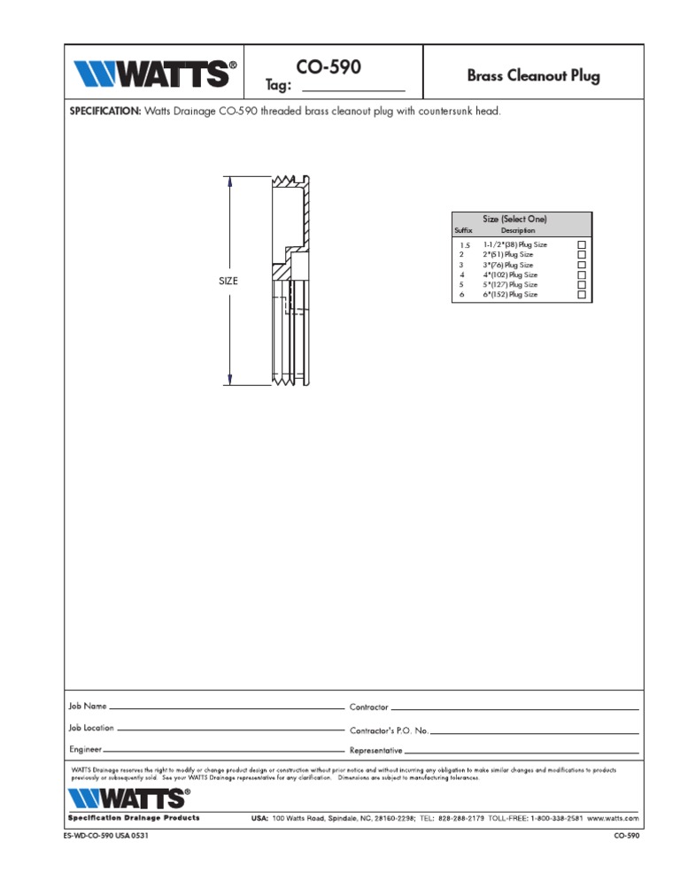 Brass Cleanout Plug Specifications CO-590 | PDF
