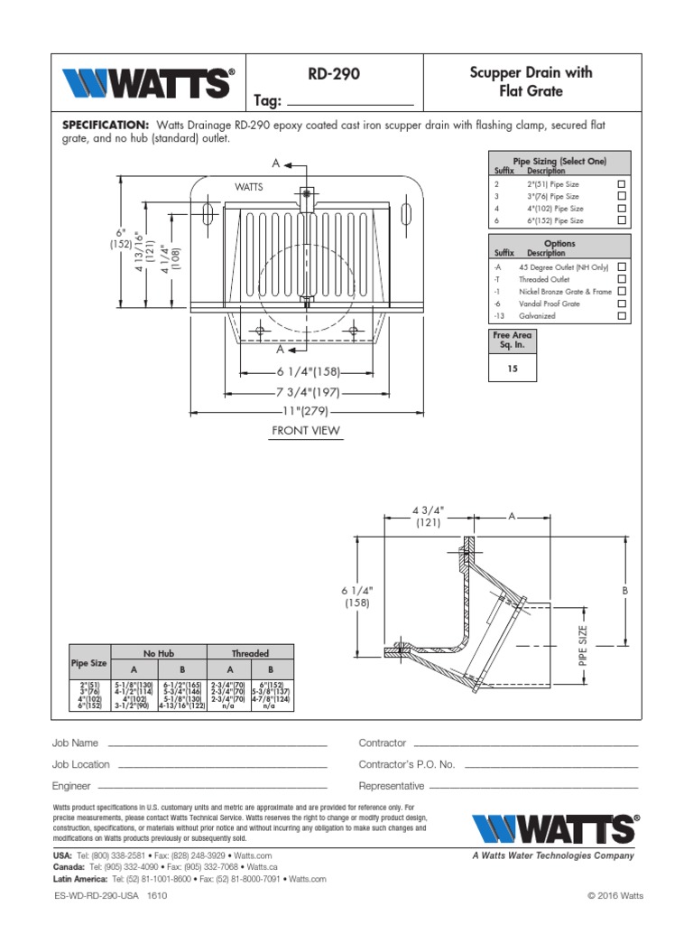 Watts RD-290 Scupper Drain Specs | PDF