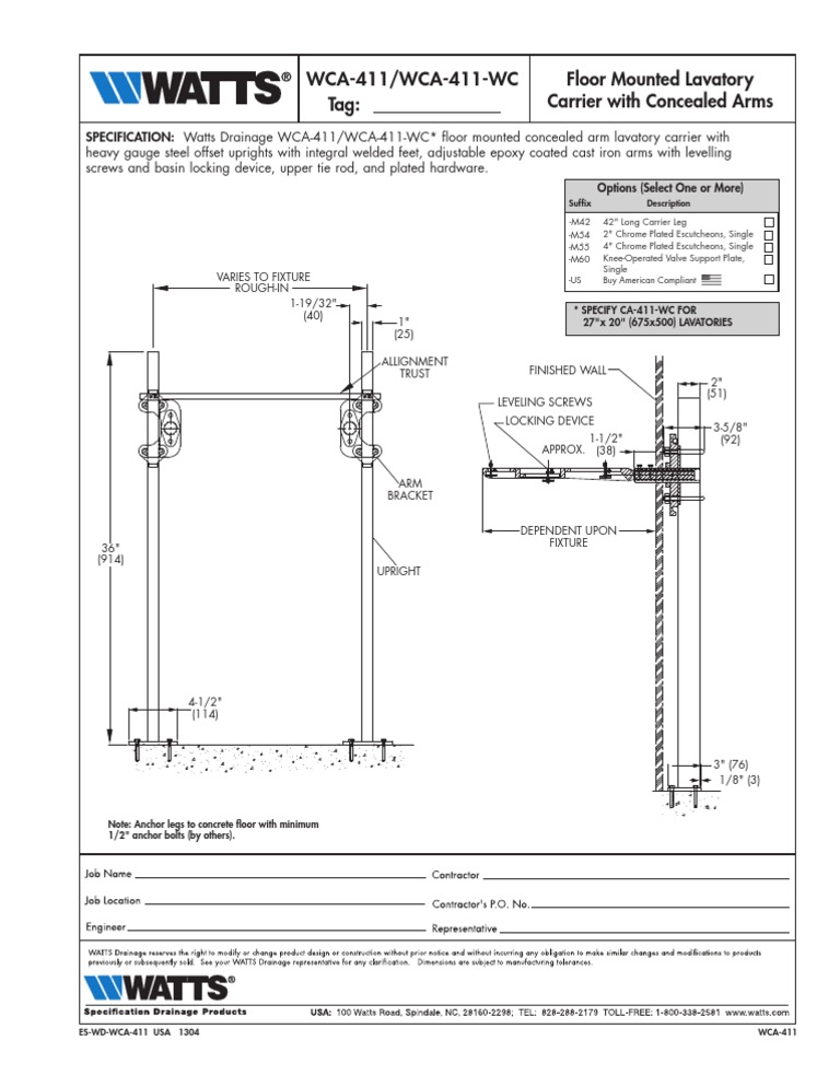 Floor Mounted Lavatory Carrier WCA-411 | PDF