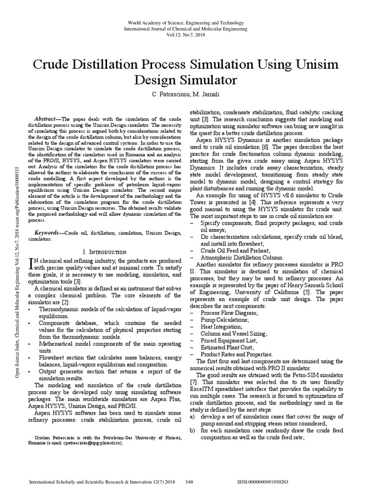 Crude Distillation Process Simulation Using Unisim Design Simulator PDF ...