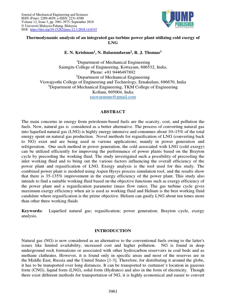 Thermodynamic Analysis of An Integrated Gas Turbine Power Plant ...
