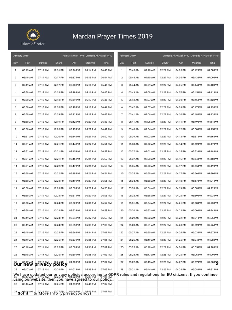 Yearly Prayer Times 2019 - IslamicFinder | PDF | Salat | Islamic ...