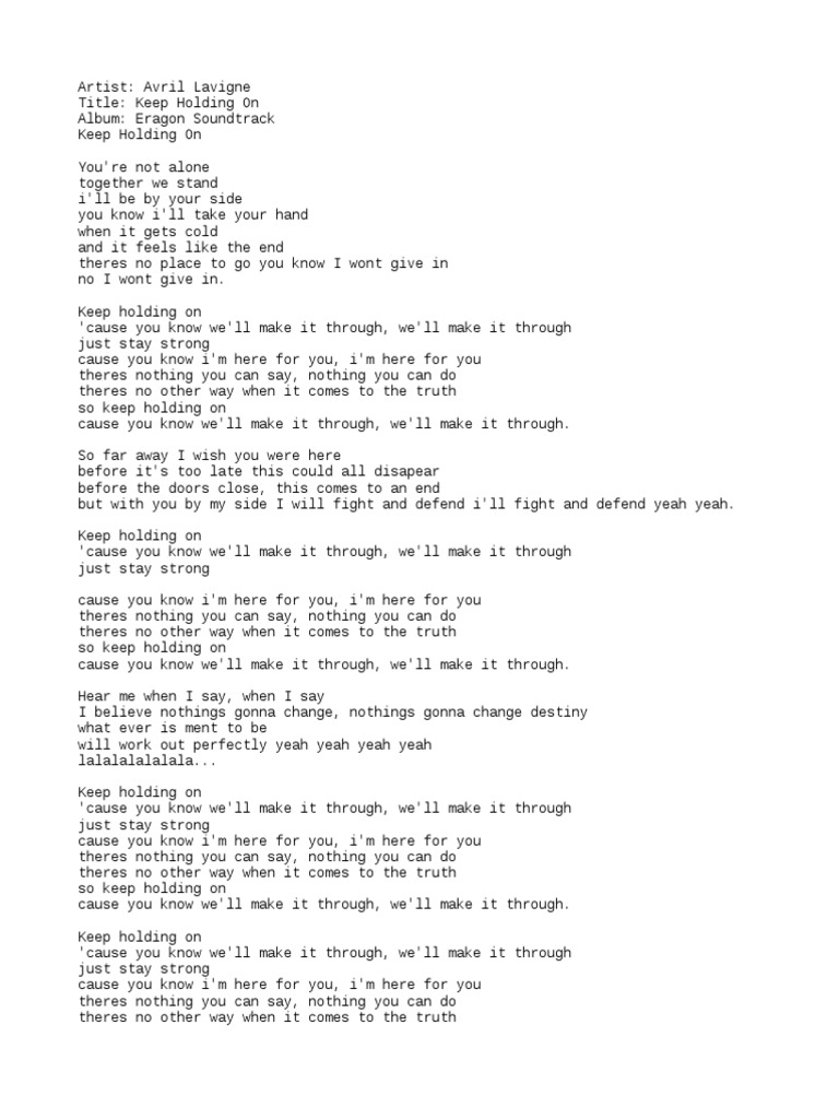 Avril Lavigne Keep Holding On PDF Pop Music Songs Written