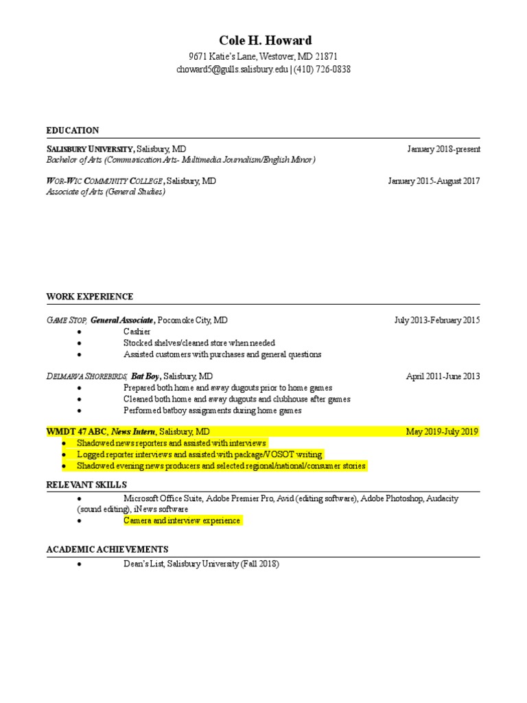 Resume - Cole 2019 Internship | PDF