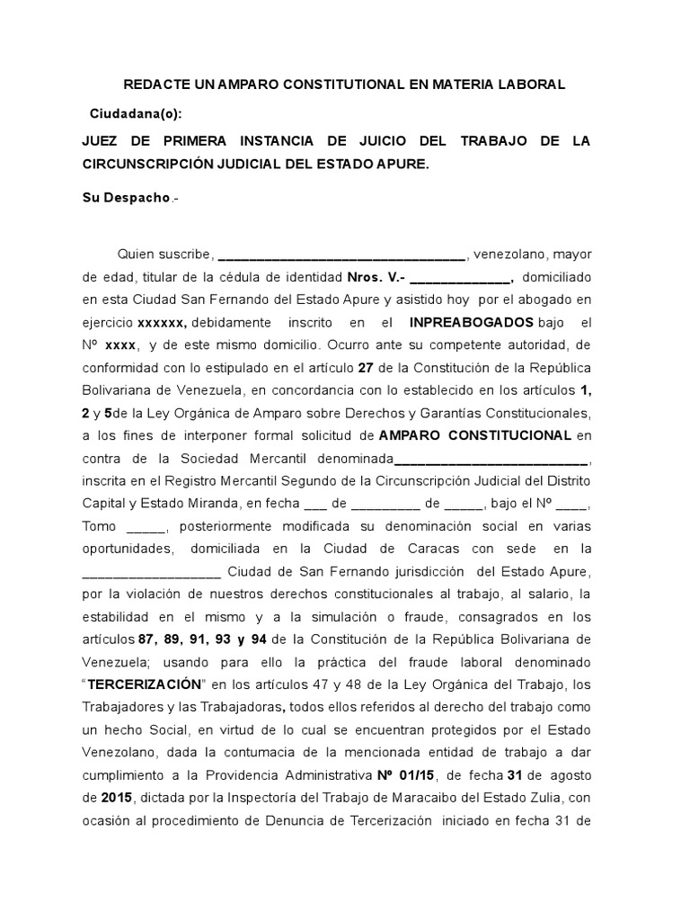 Modelo de Amparo Laboral en Venezuela | PDF | Derecho laboral | Caso de ley