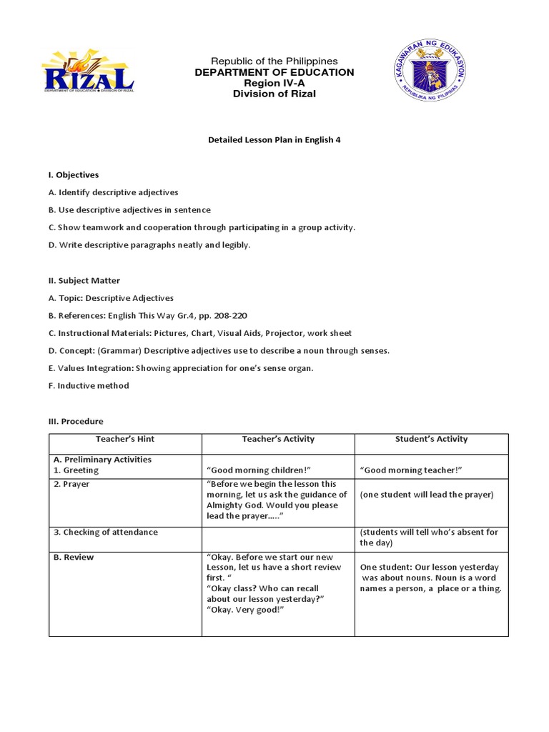 Grade 4 Detailed Lesson Plan: Adjectives | PDF | Adjective | Noun