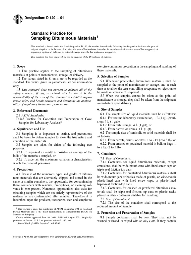 ASTM D140 Bitumen Sampling | PDF | Asphalt | Valve