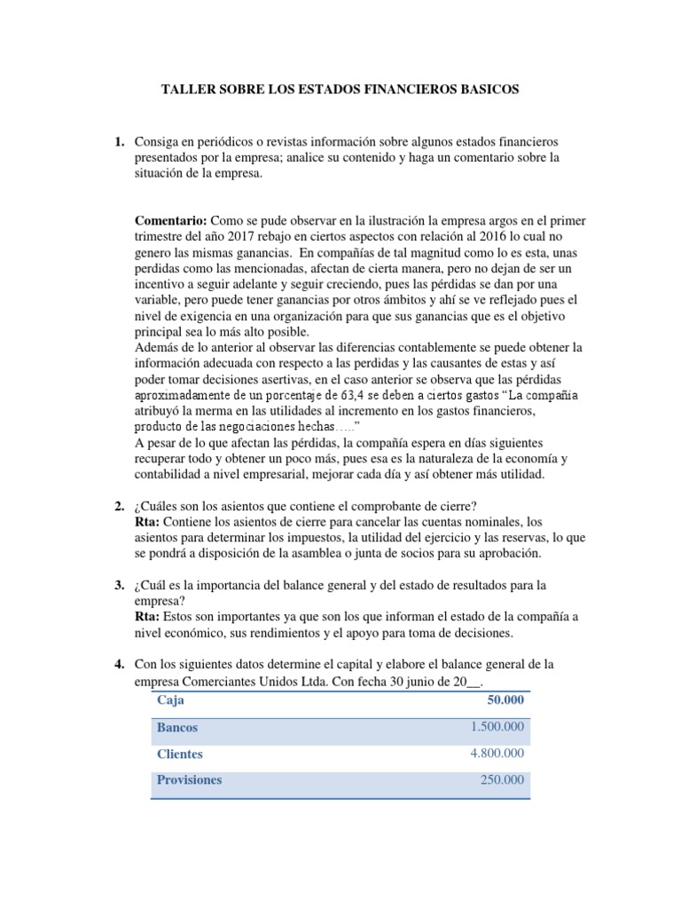 Taller Sobre Los Estados Financieros | PDF | Hoja de balance | Contabilidad