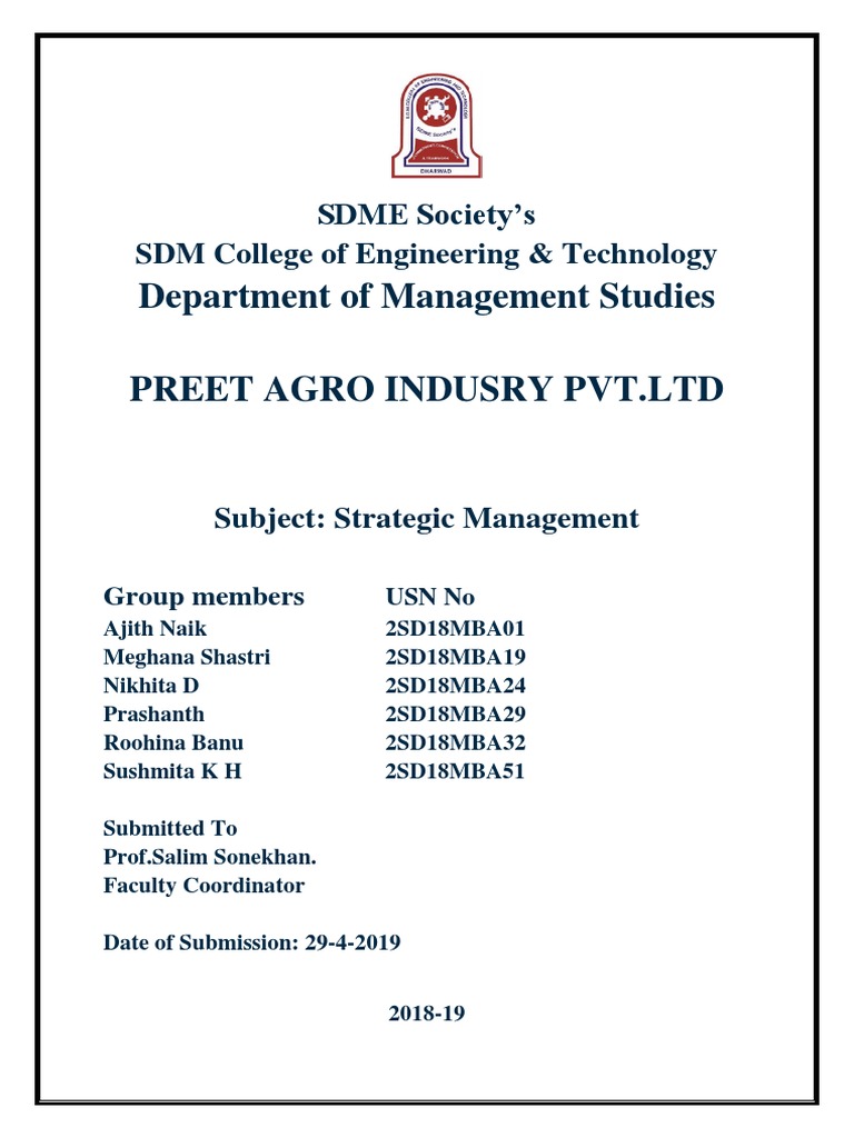Department of Management Studies Preet Agro Indusry PVT - LTD: SDME ...