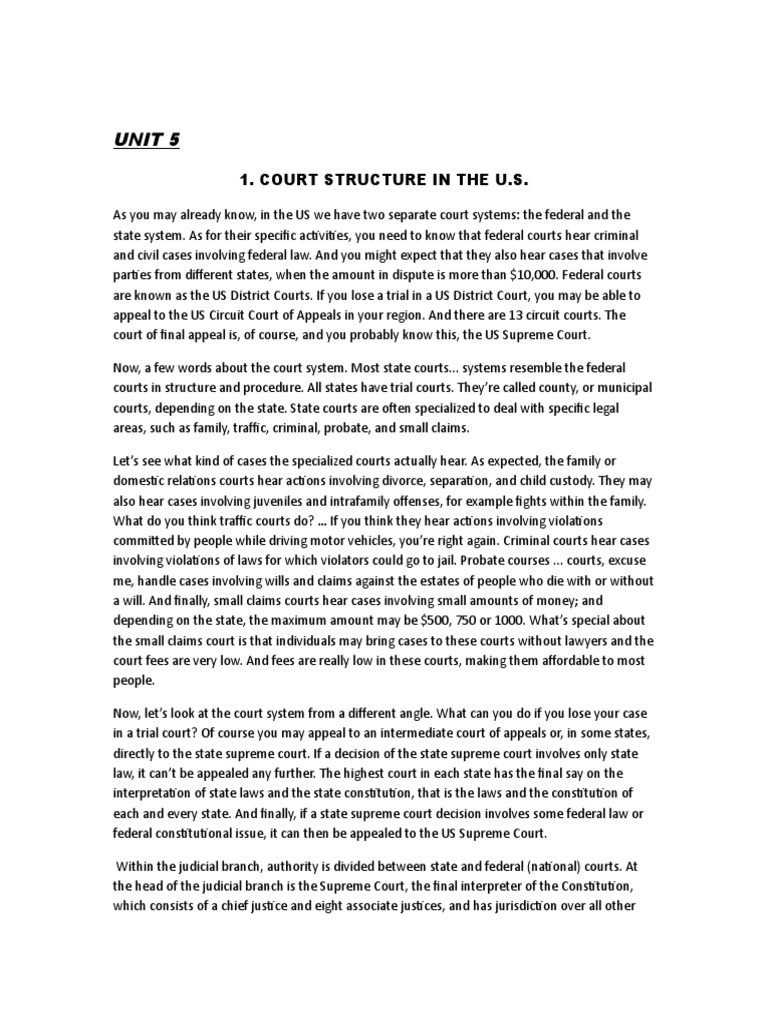 Unit 5: 1. Court Structure in The U.S | PDF | Barrister | Solicitor