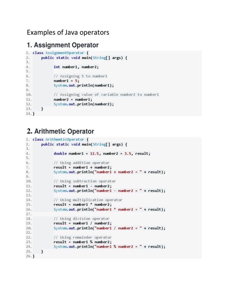 Examples of Java Operators | PDF | Boolean Data Type | Numbers