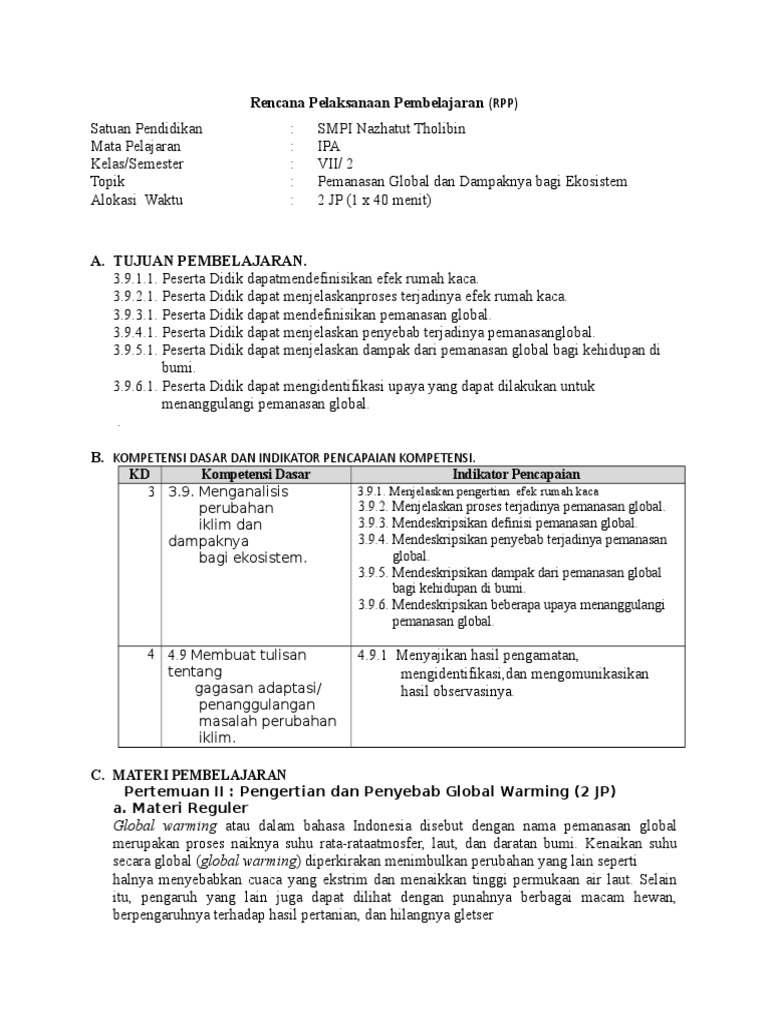 Rpp Kd 3 9 2 Definisi Pemanasan Global Doc