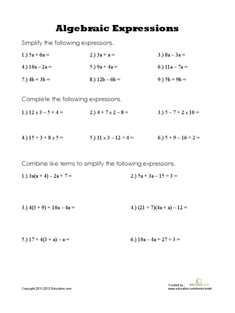Algebraic Expressions Worksheet | Pdf