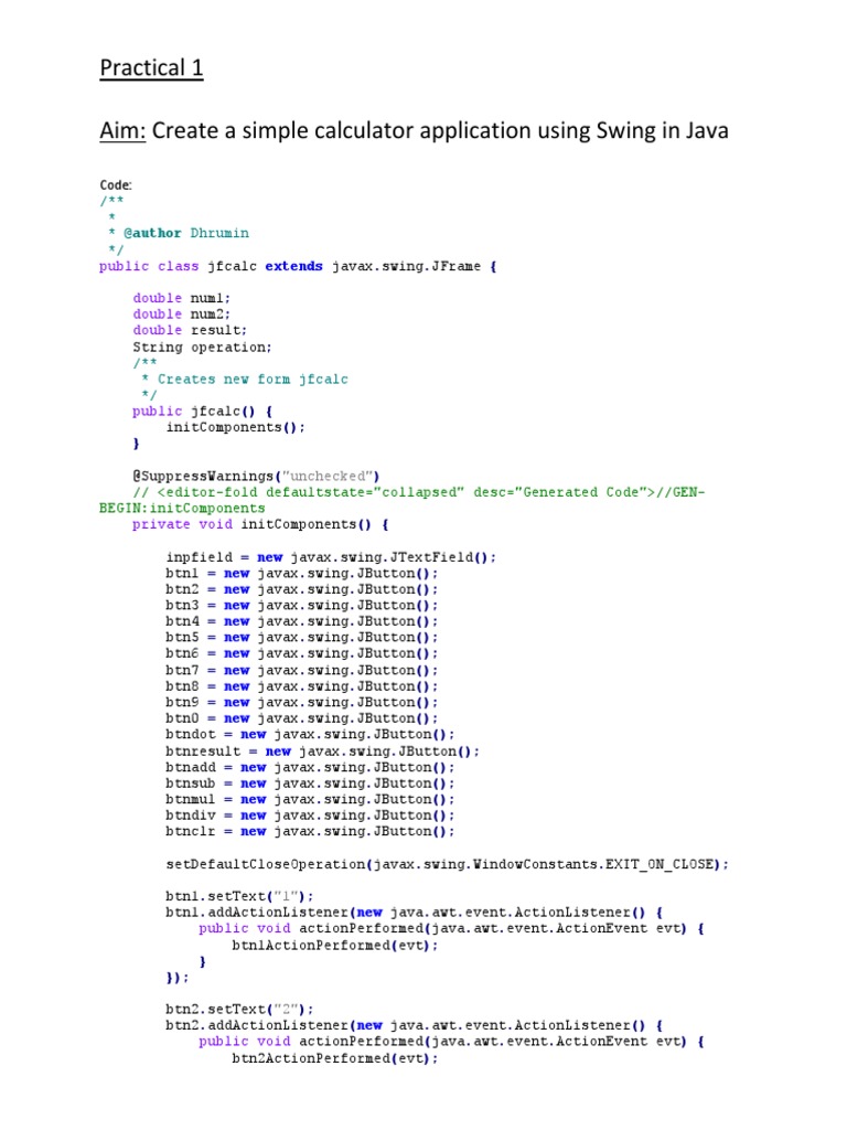 Practical 1 Aim: Create A Simple Calculator Application Using Swing in ...