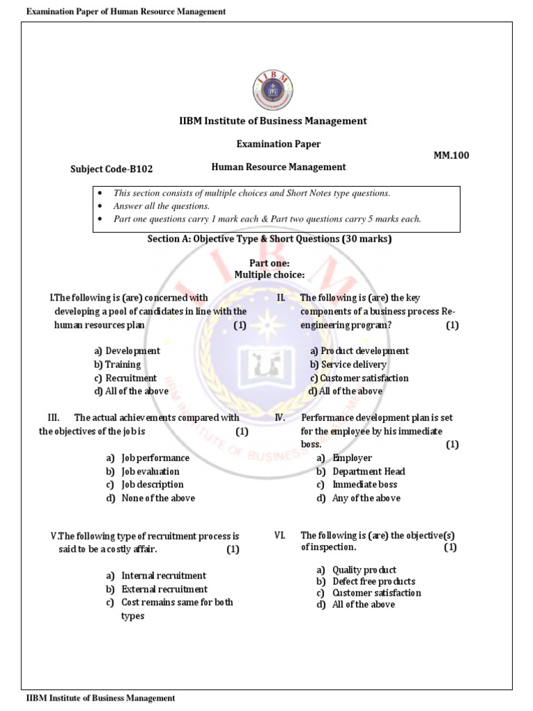 Human Resource Management Exam Paper | PDF | Recruitment | Human ...