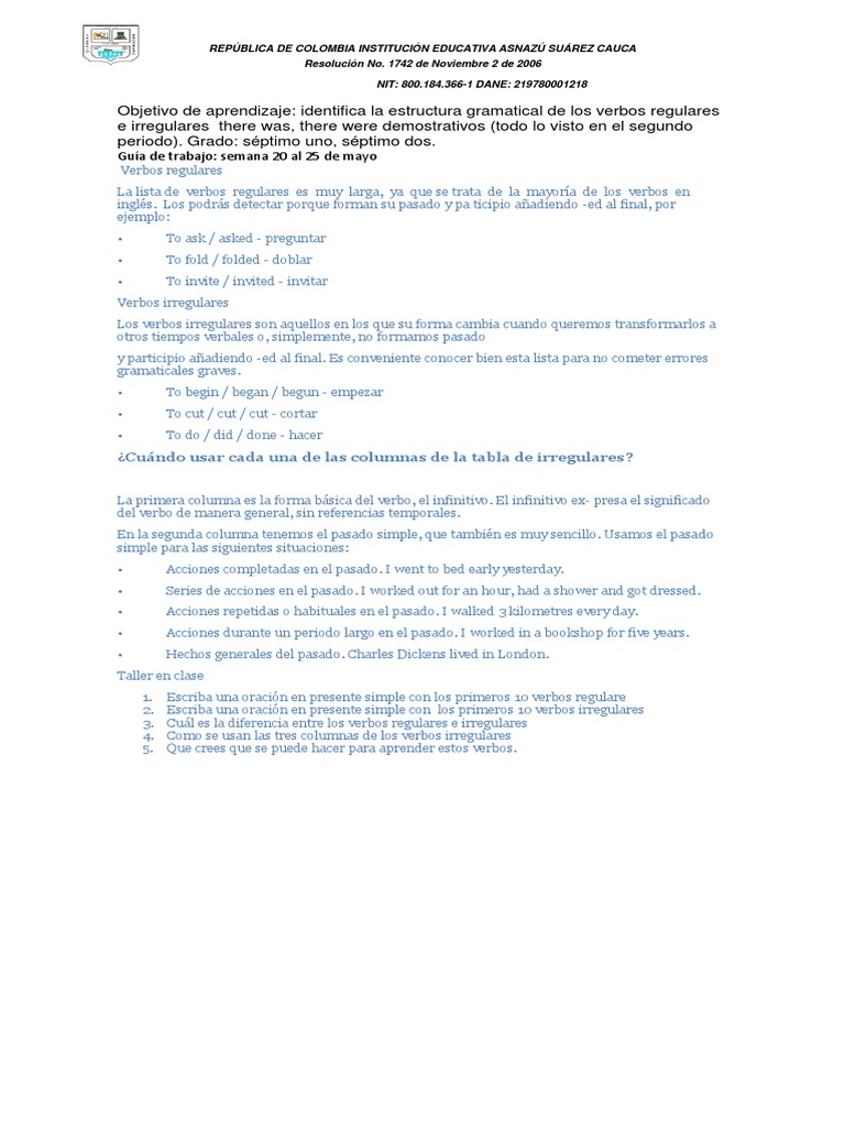Taller de Ingles Grado Septimo 20 Al 25 de Mayo Respaso Verbos Regulares e  Irregulares | PDF