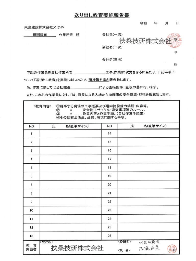 送り出し教育実施報告書 扶桑技研