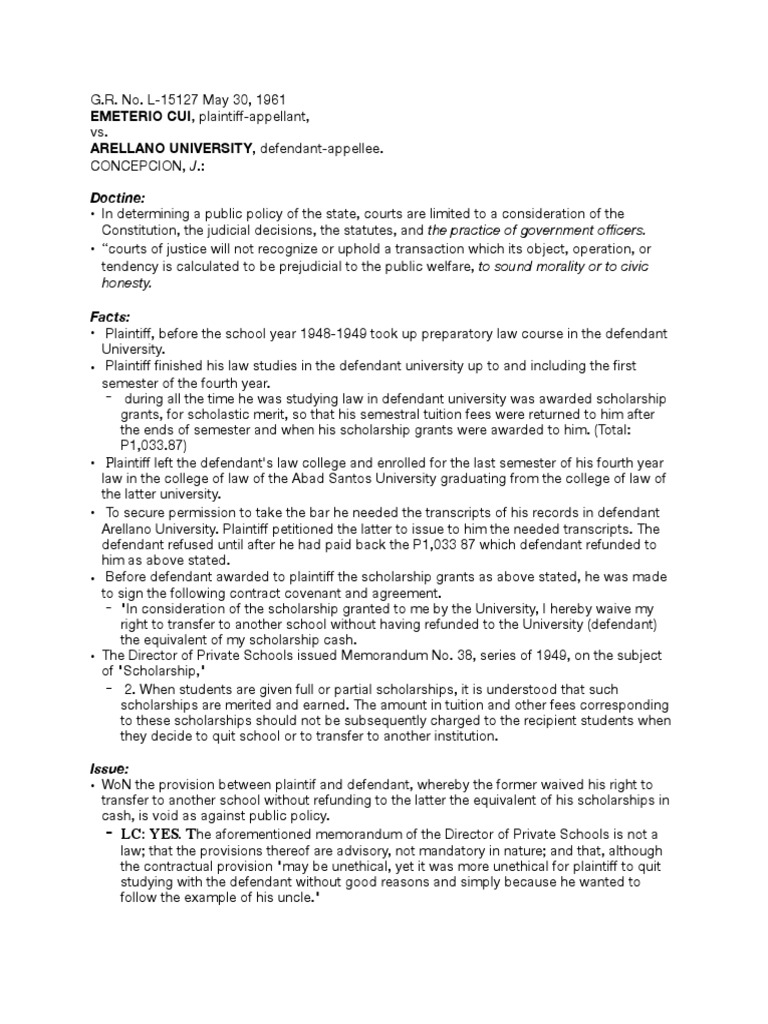 Cui v arellano university 1961 pdf public policy doctrine justice