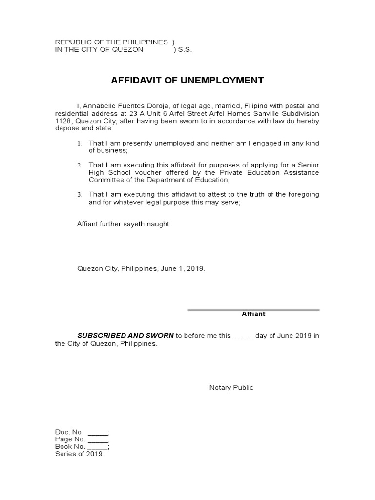 Affidavit Of Unemployment PDF