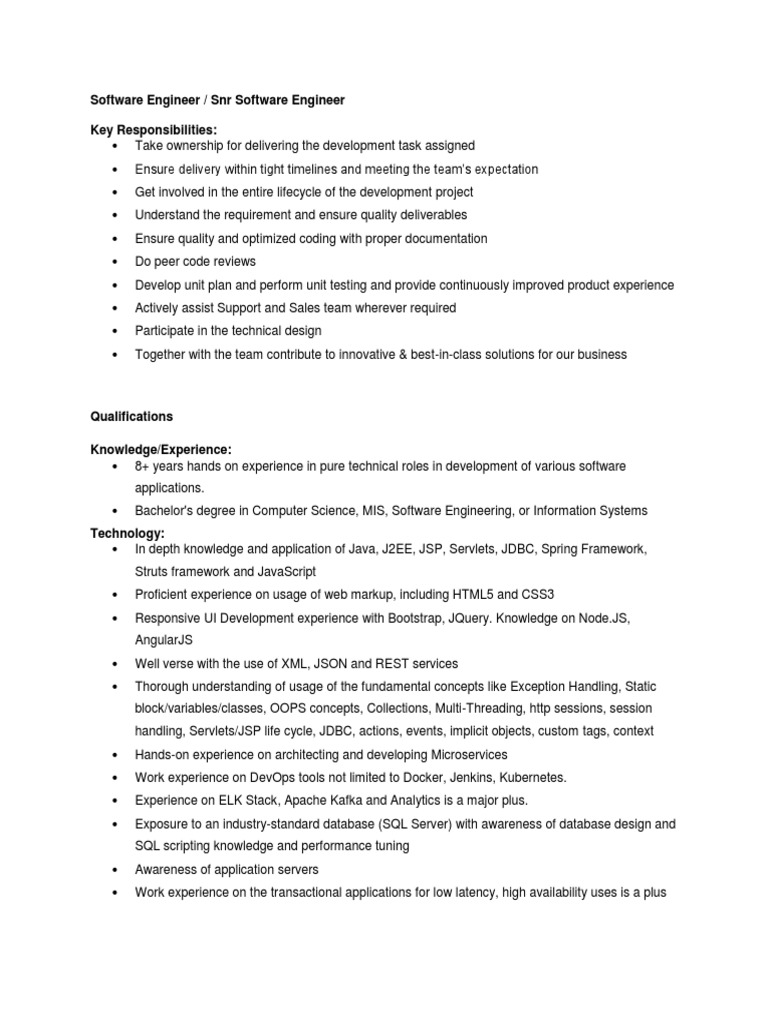 Senior Software Engineer Job Description | PDF | Art | Technology ...