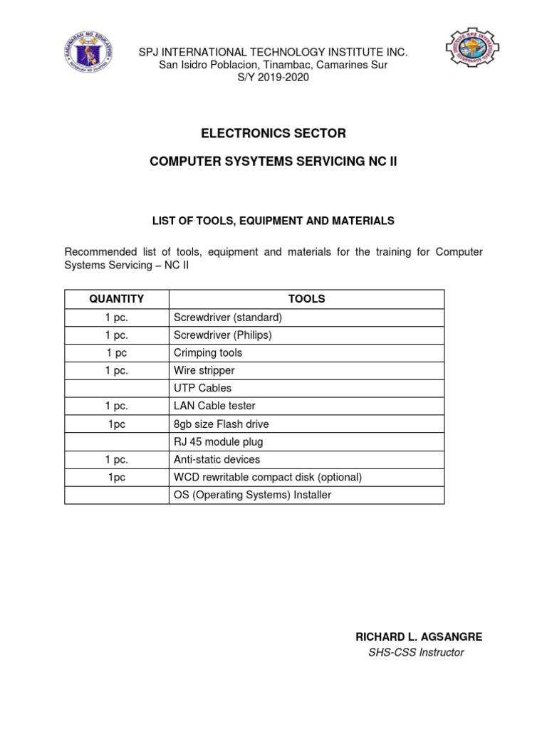 Electronics Sector Computer Sysytems Servicing NC Ii: List of Tools ...