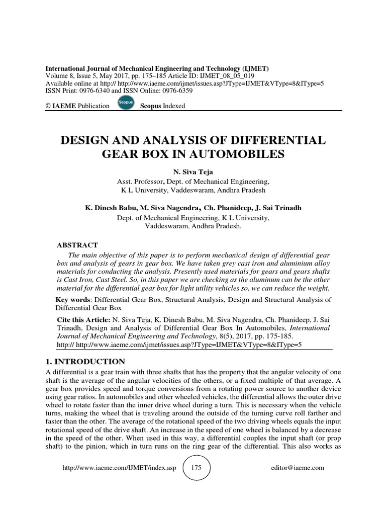 Design and Analysis of Differential Gear Box in Automobiles PDF