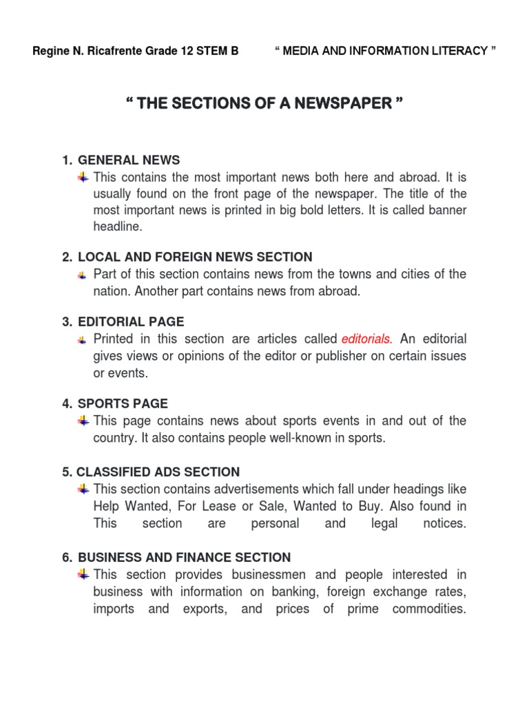 " The Sections of A Newspaper " 1. General News PDF Snapchat You