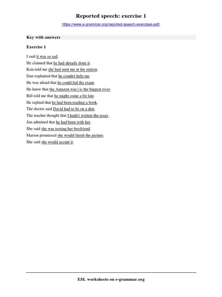 reported speech exercise 1 key pdf