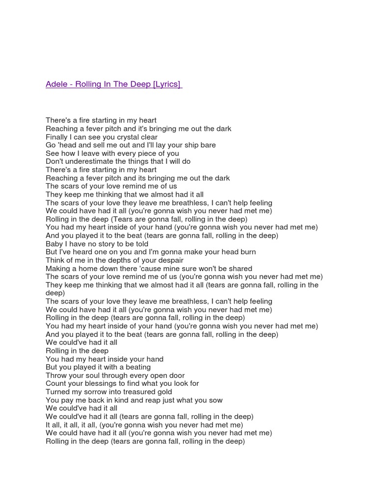 Adele - Rolling in The Deep (Lyrics) | PDF