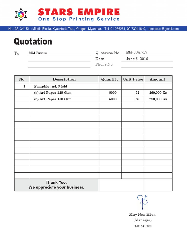 Quotation for Pamphlet Printing Services | PDF