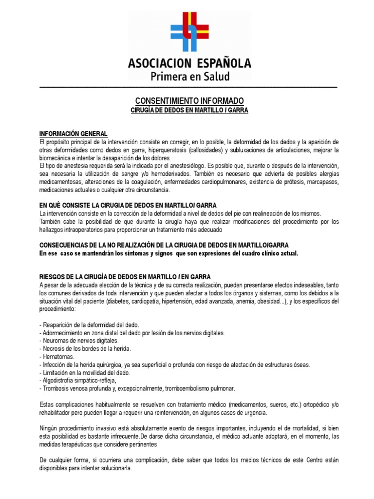 Consentimiento Informado Operación Dedo en Martillo | PDF | Cirugía |  Consentimiento informado, image size:768x1024
