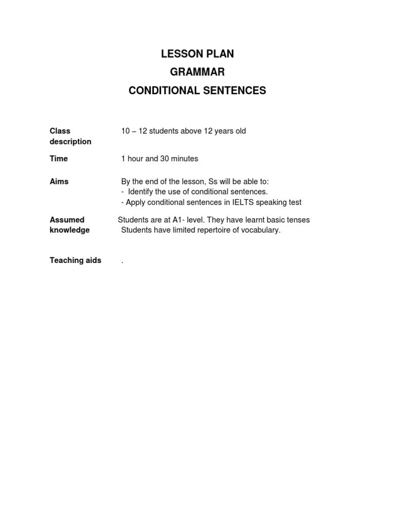 Lesson Plan Grammar Conditional Sentences: Class Description Time | PDF