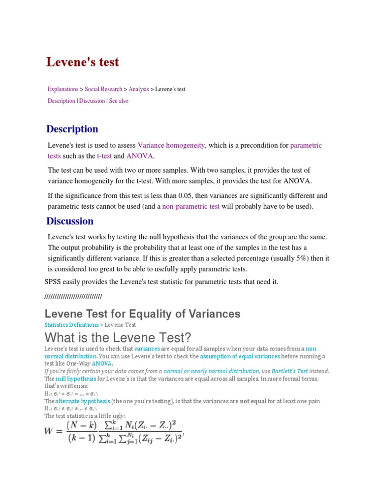Levenes Test PDF Statistical Hypothesis Testing Student's T Test