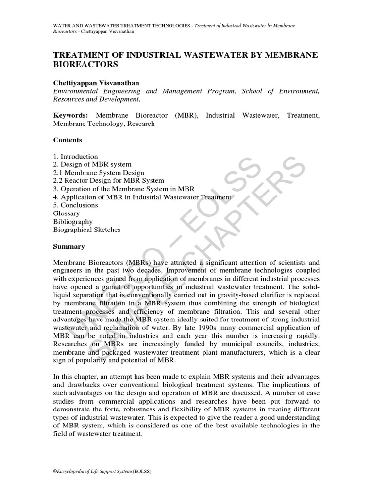 Treatment of Industrial Wastewater by Membrane Bioreactors PDF