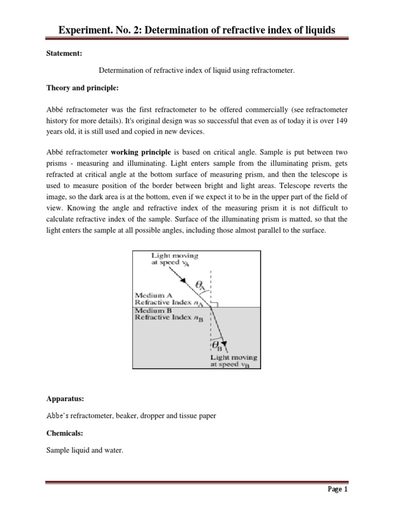 Experiment. No. 2: Determination of Refractive Index of Liquids | PDF ...