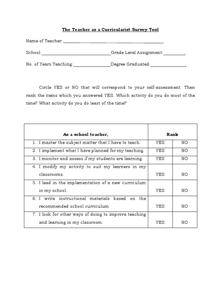 Teacher Self-Assessment Survey Tool | PDF | Teachers | Curriculum