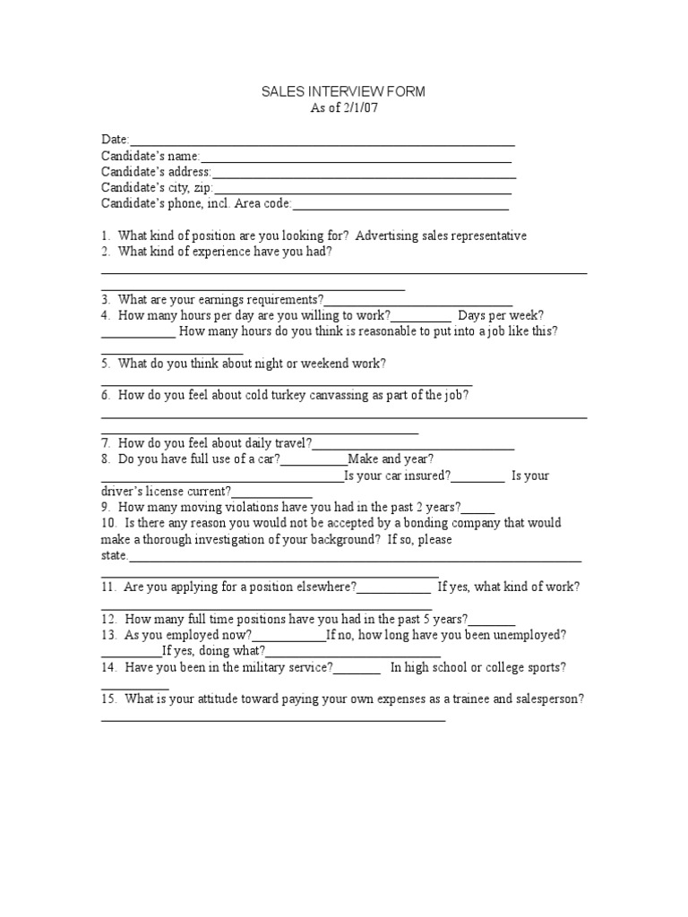 Sales Interview Form and Sales Aptitude Test | PDF | Advertising ...