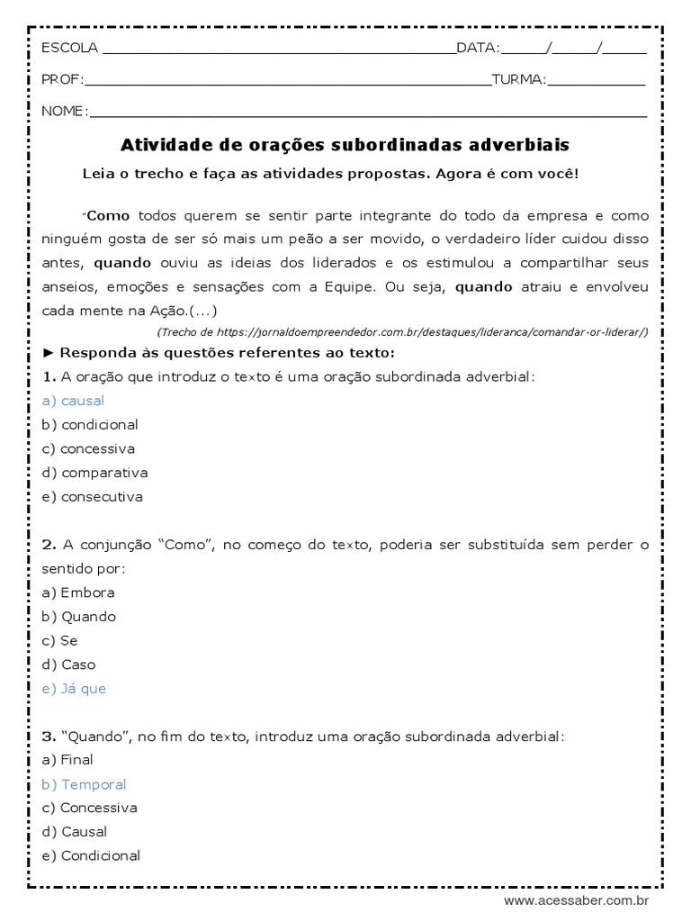 Atividade sobre Orações Subordinadas Adverbiais | PDF