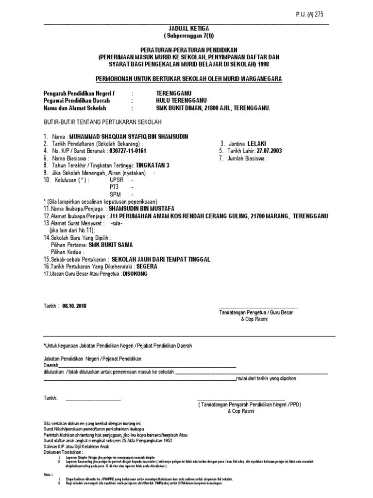 Borang Tukar Sekolah Baru Pdf