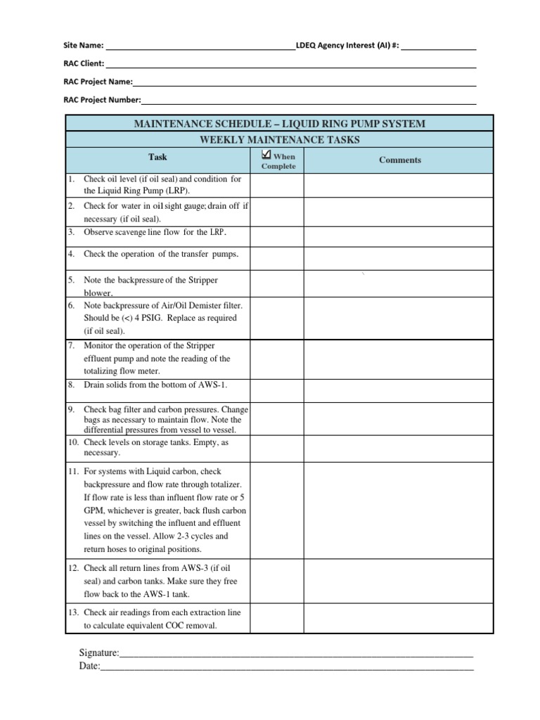 Maintenance Schedule Liquid Ring Pump System Weekly Maintenance Tasks