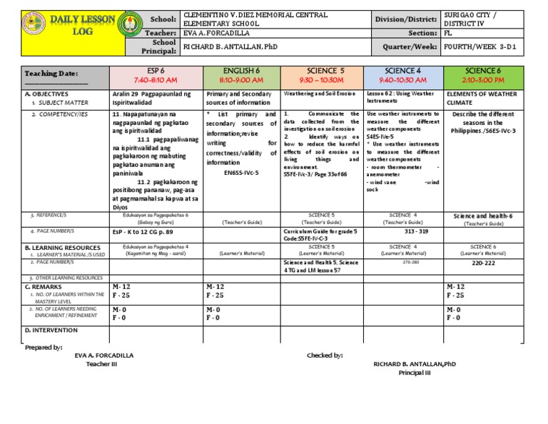 Multi-subject Lesson Plan for Clementino V. Diez Memorial Central ...